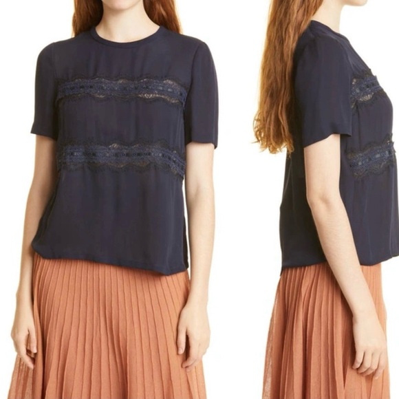 NWT REBECCA TAYLOR Lace Stripe Silk Top In Dark Navy Size XS - Picture 15 of 16